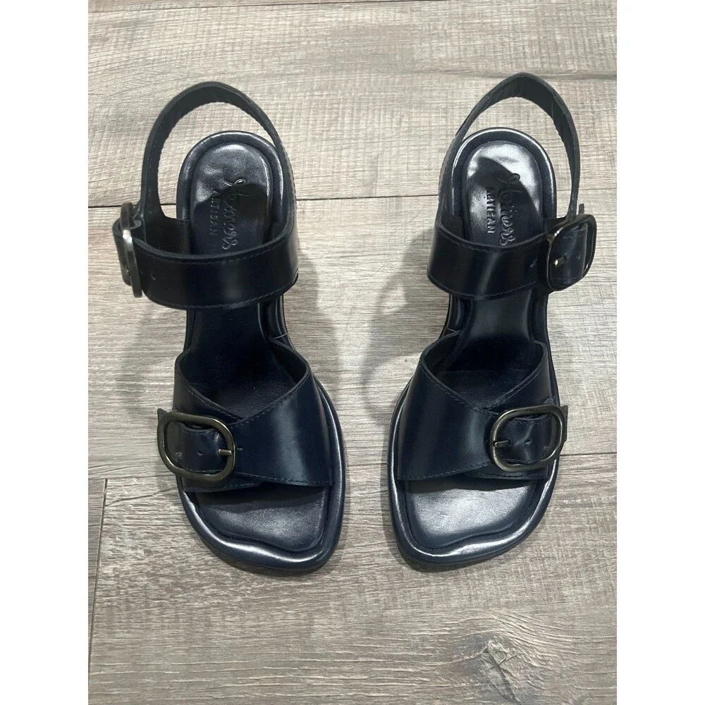NWOB Homers Navy Blue Block Heel Leather Hand Crafted Strappy Sandals Size 36
